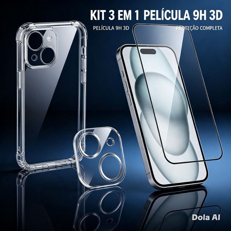 Kit Capa Capinha Transparente + Película 3D Vidro + Película Câmera Para iPhone 11 12 13 14 15 16e 17 Air Pro Max Plus