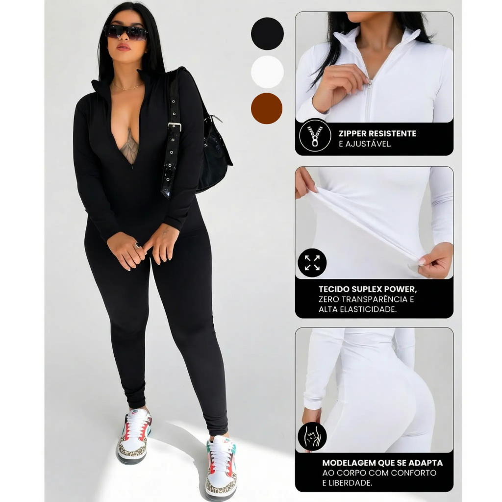 Macacão Feminino Longo Com Ziper Moda Gringa Balada Virginia Blogueira Suplex Gringo Fitnes Academia