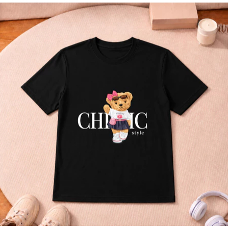 Camiseta Infantil Estampa Ursinha Chic Algodão Confortável Manga Curta Malha Premium