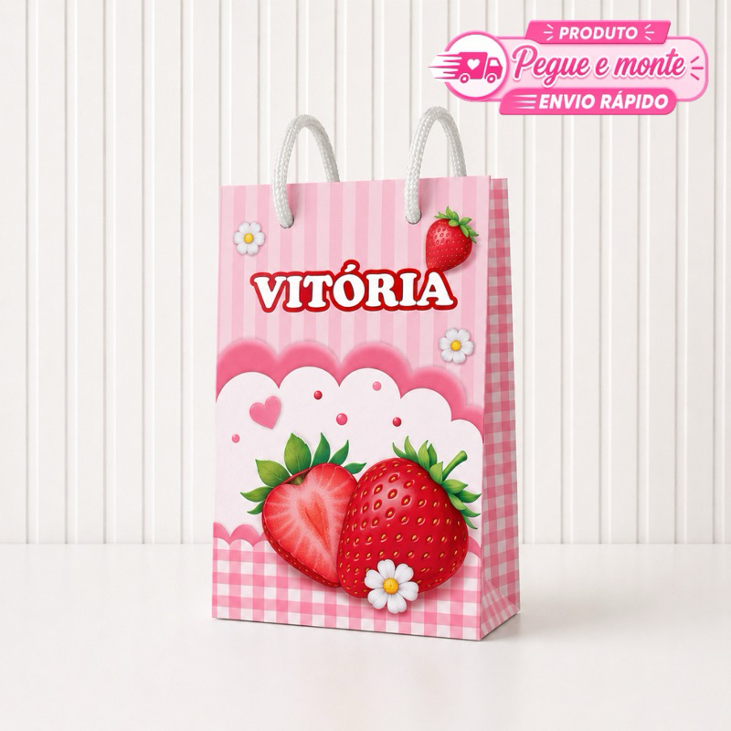 Sacolinha Pequena Morango Personalizada Lembrancinha Para Festa Aniversário Enviado Desmontado