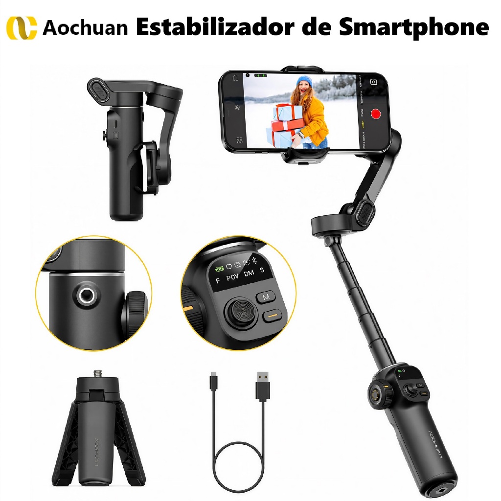 AOCHUAN SMART X2 Estabilizador de Smartphone 3 Eixos Haste Extensora de 20cm Embutida Display OLED