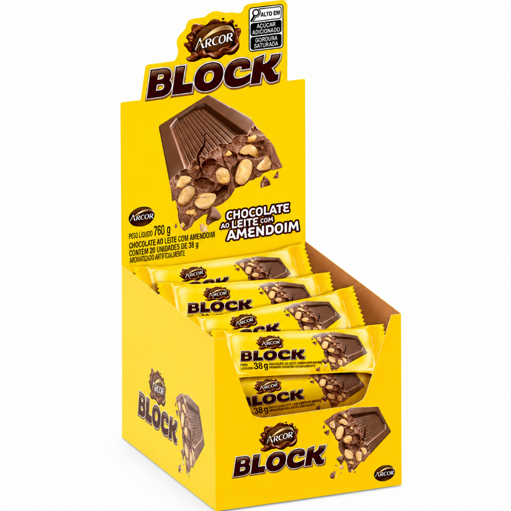Display Arcor Block Chocolate Ao Leite Com Amendoim 760g C/20 Unidades 38g Cada