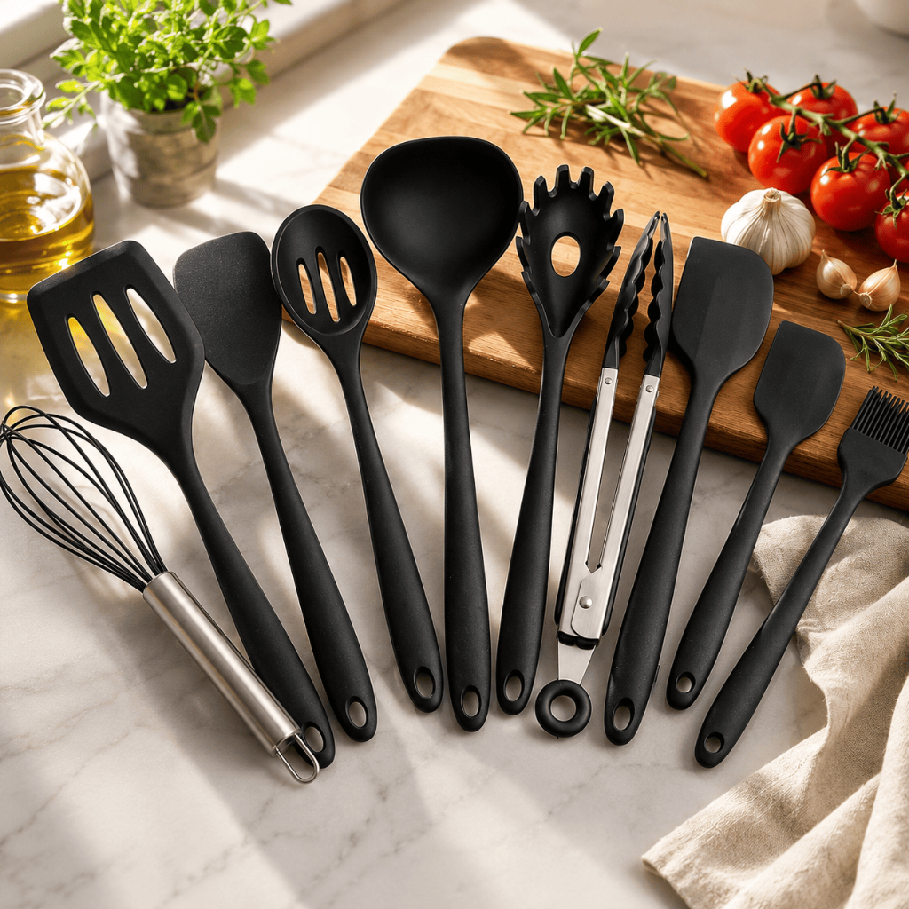 Kit 10 Peças Colheres De Silicone Cabo Inox Utensílios Cozinha