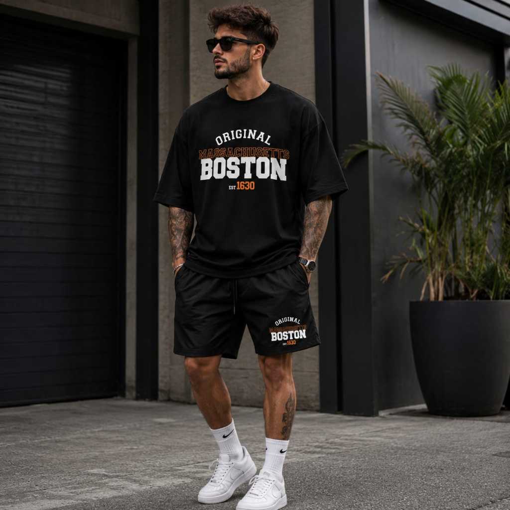 Conjunto Masculino Camiseta Oversized E Bermuda Estampada Boston Linha Premium 100% Algodão Tactel Confortável Academia