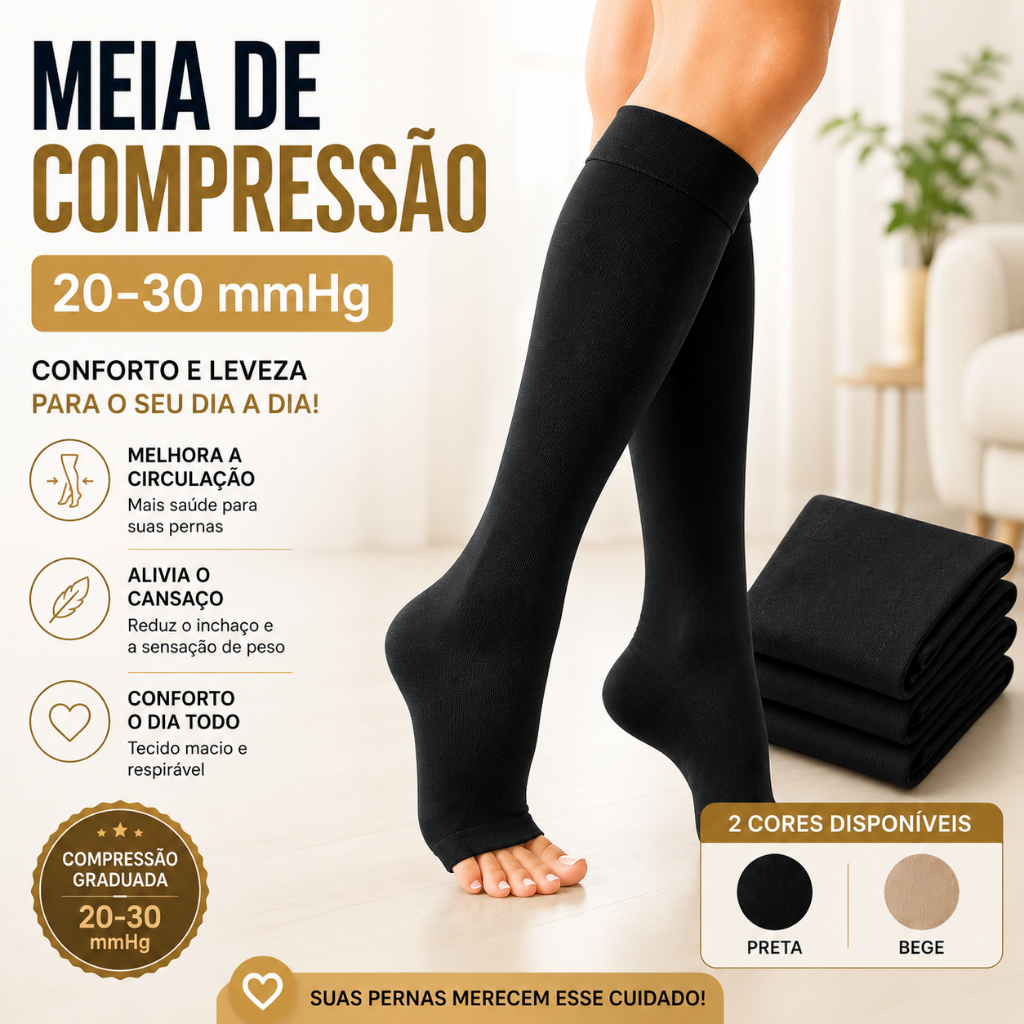 Meia de Compressão 3/4 Unissex Bege Preta P ao GG Antitrombo Circulação Conforto 20-30mmHg