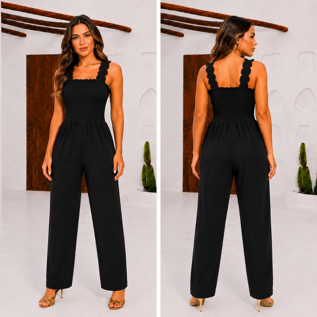 Macacão Longo Feminino Alça Lastex Duna Casual Elegante social moda evangelica