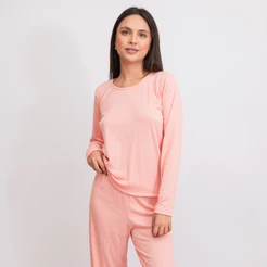 Pijama Feminino Adulto Manga Longa e Calça Suede Canelado