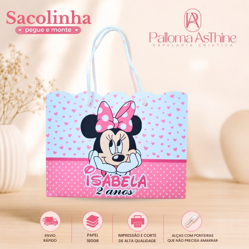 Sacolinha pegue/monte minnie rosa lembrancinha personalizada aniversário 20x15x7cm