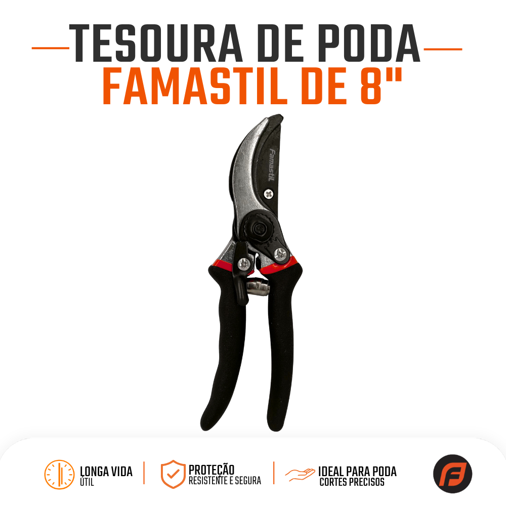 Tesoura para Poda Famastil Profissional 8” com Cabo Emborrachado e Corte Preciso
