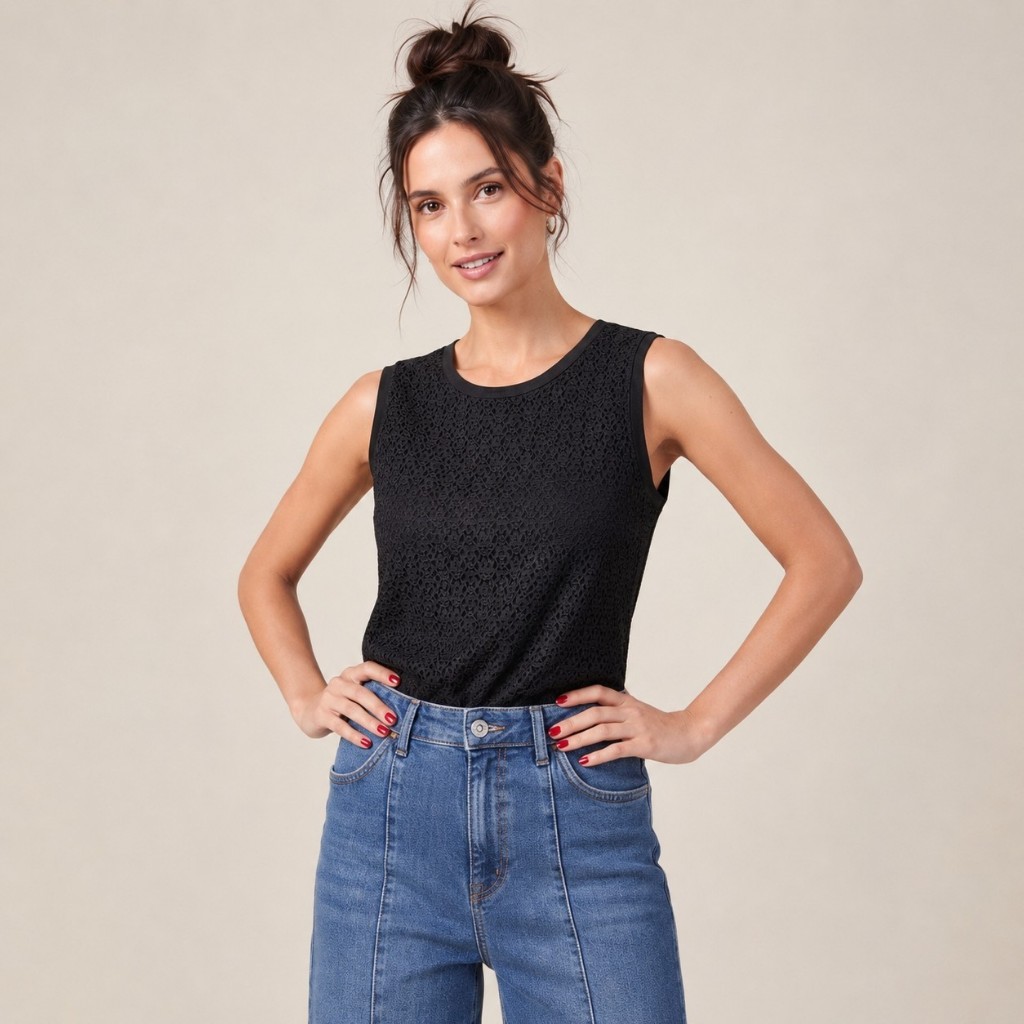 Blusa Regata Feminina Preta Texturizada Em Renda Transparência Leve Elegante Social Casual Gola Redonda