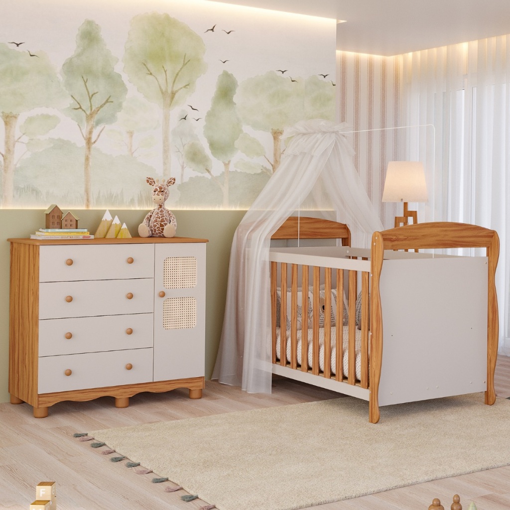 Quarto Bebê Completo Berço Americano Marquesa 3em1 Cômoda 1 Porta 4 Gavetas Telinha Off White 100%MDF