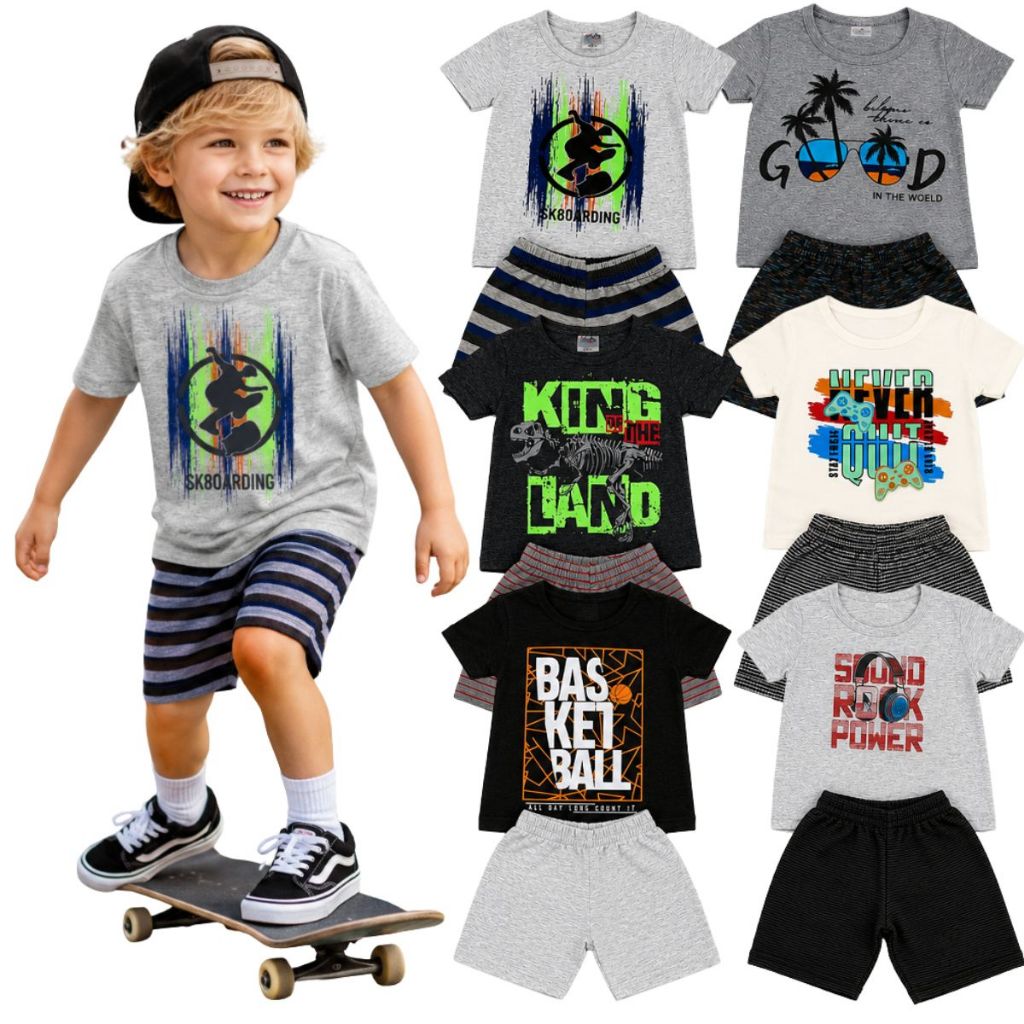 Conjunto Infantil Menino Verão 1 ao 10 Anos I Conjunto menino Camiseta Algodão + Bermuda Infantil  Roupa Infantil Menino