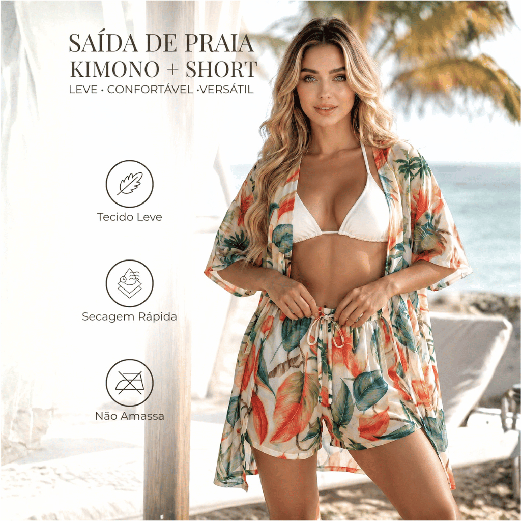 Saída de Praia Shorts Kimono Conjunto Moda Praia Estampado Leve Confortável Elegante Luxo
