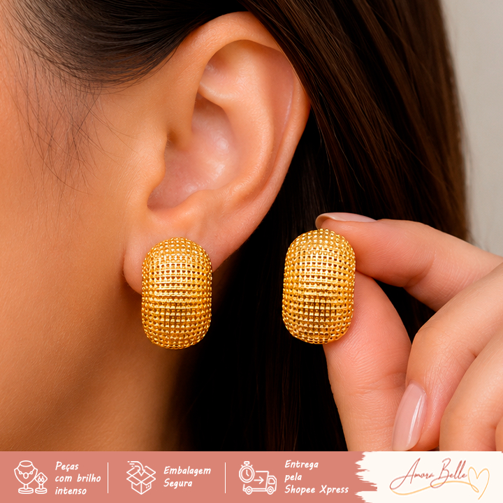 Brinco Dourado Feminino Texturizado Premium, elegante e sofisticado, design moderno com acabamento refinado