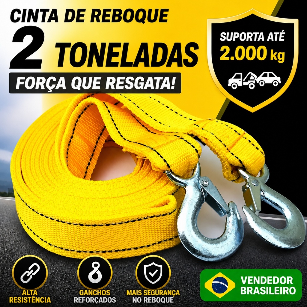 Cinta de Reboque para Carro com 2 Ganchos Cabo de Tração Automotivo Reforçado para Emergência Guincho Moto Caminhonete