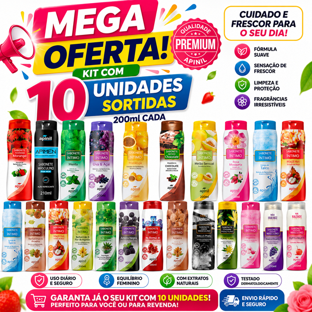 Kit 10 Unidades Sabonete Íntimo Feminino Apinil 200ml Várias Fragrâncias Frescor Conforto Íntimo