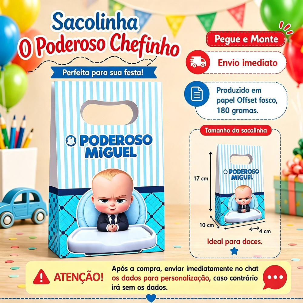 Sacolinha personalizada Poderoso Chefinho/ Mimos de Aniversário Lembrancinhas (PEGUE E MONTE)