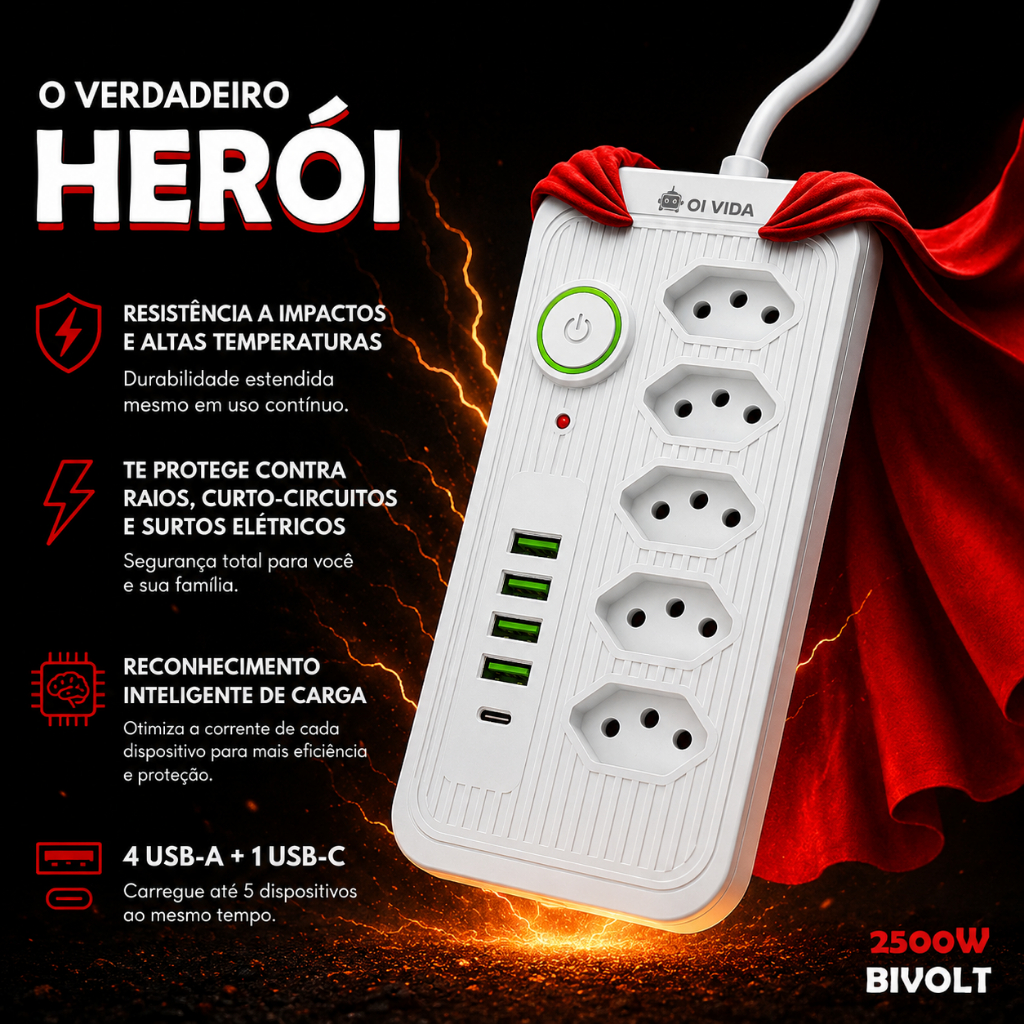 Extensão Elétrica Régua 5 Tomadas + USB + USB-C Anti Raio e Proteção contra Sobrecarga Filtro de linha