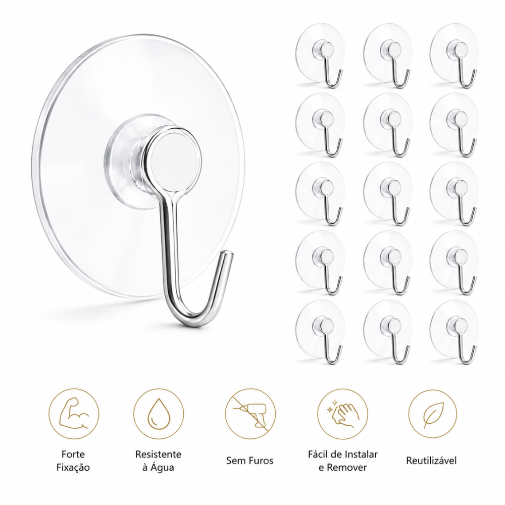 Kit 24 Ventosas Silicone C/ Gancho de Metal Vidro Transparente Resistente Utilidade