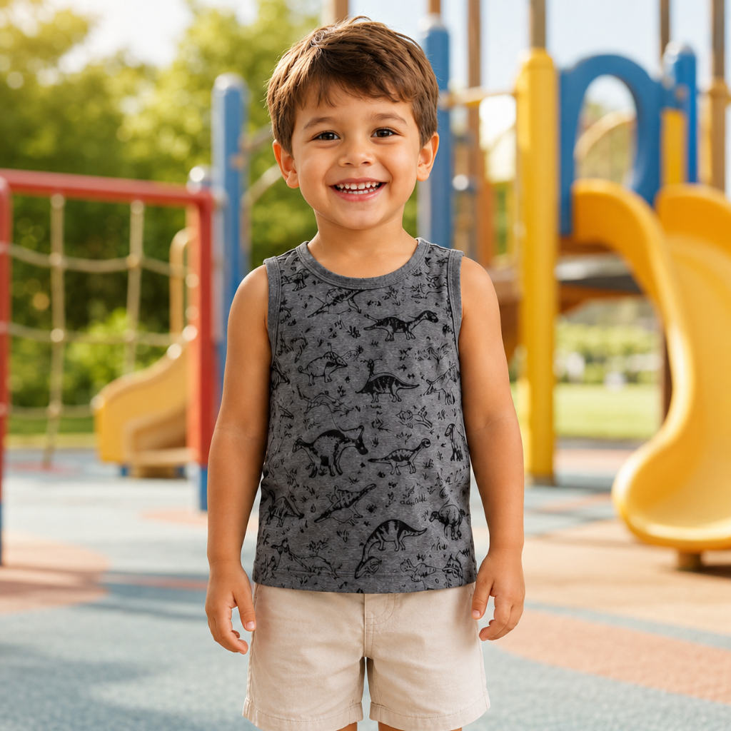 Camiseta Regata Cinza Dinossauro Infantil Confortavel Casual Algodao Verao Leve 3 4 Anos