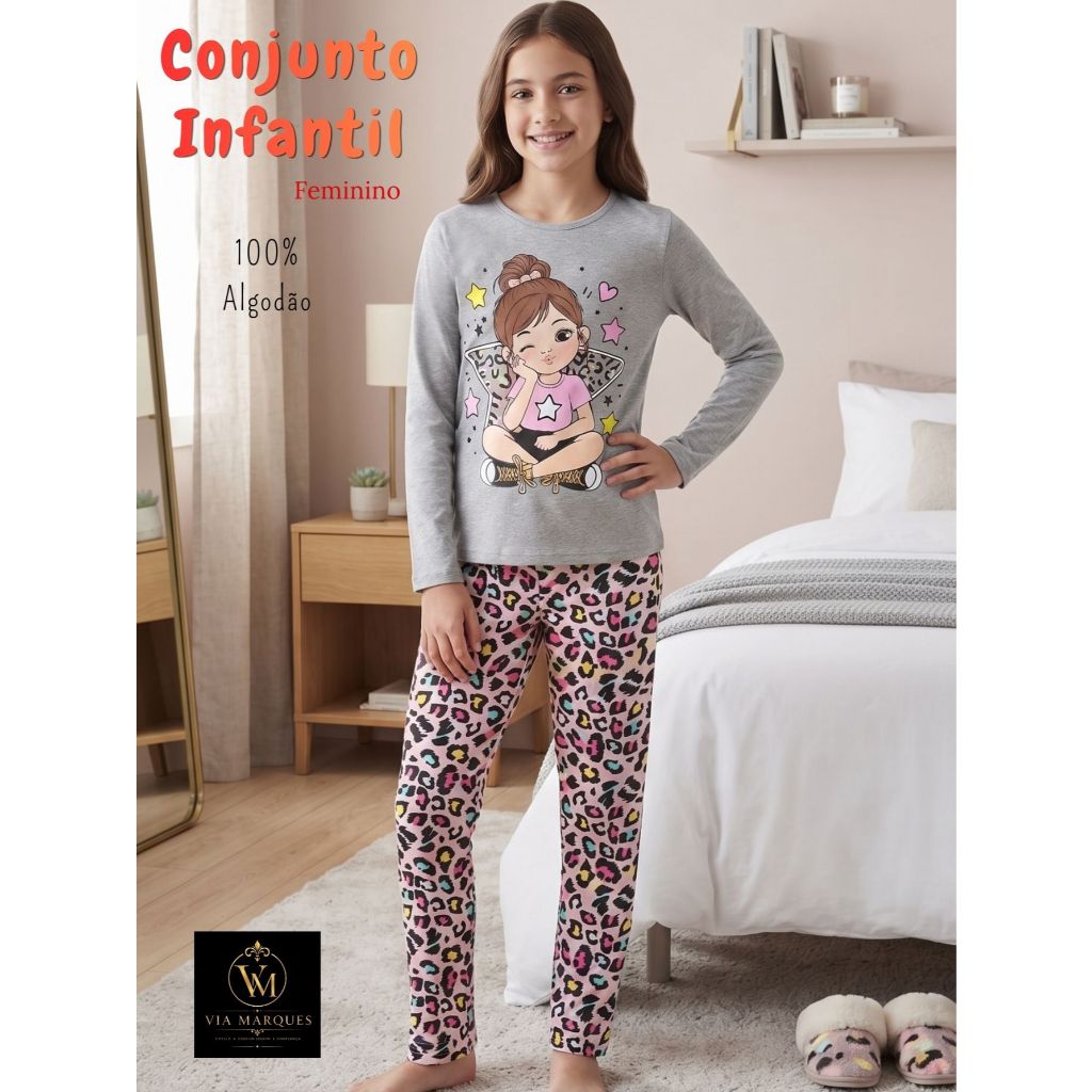 Conjunto Pijama Infantil Feminino  Sortido 1 a 14 Anos Algodão Manga Longa Estampado 2 Peças Outono Inverno