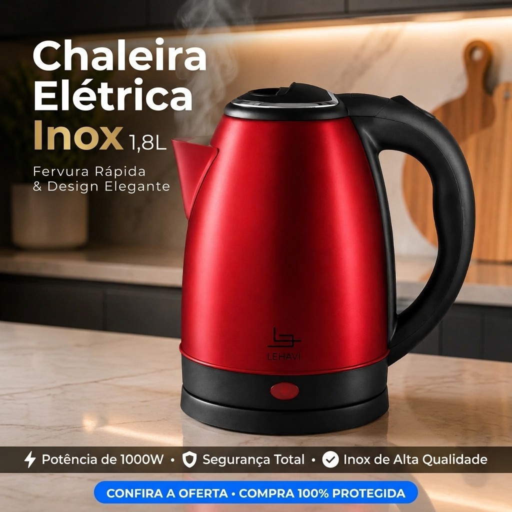 Chaleira Elétrica Inox Vermelha 1.8L Desligamento Automático Rápido Aquecimento Café Chá Leite