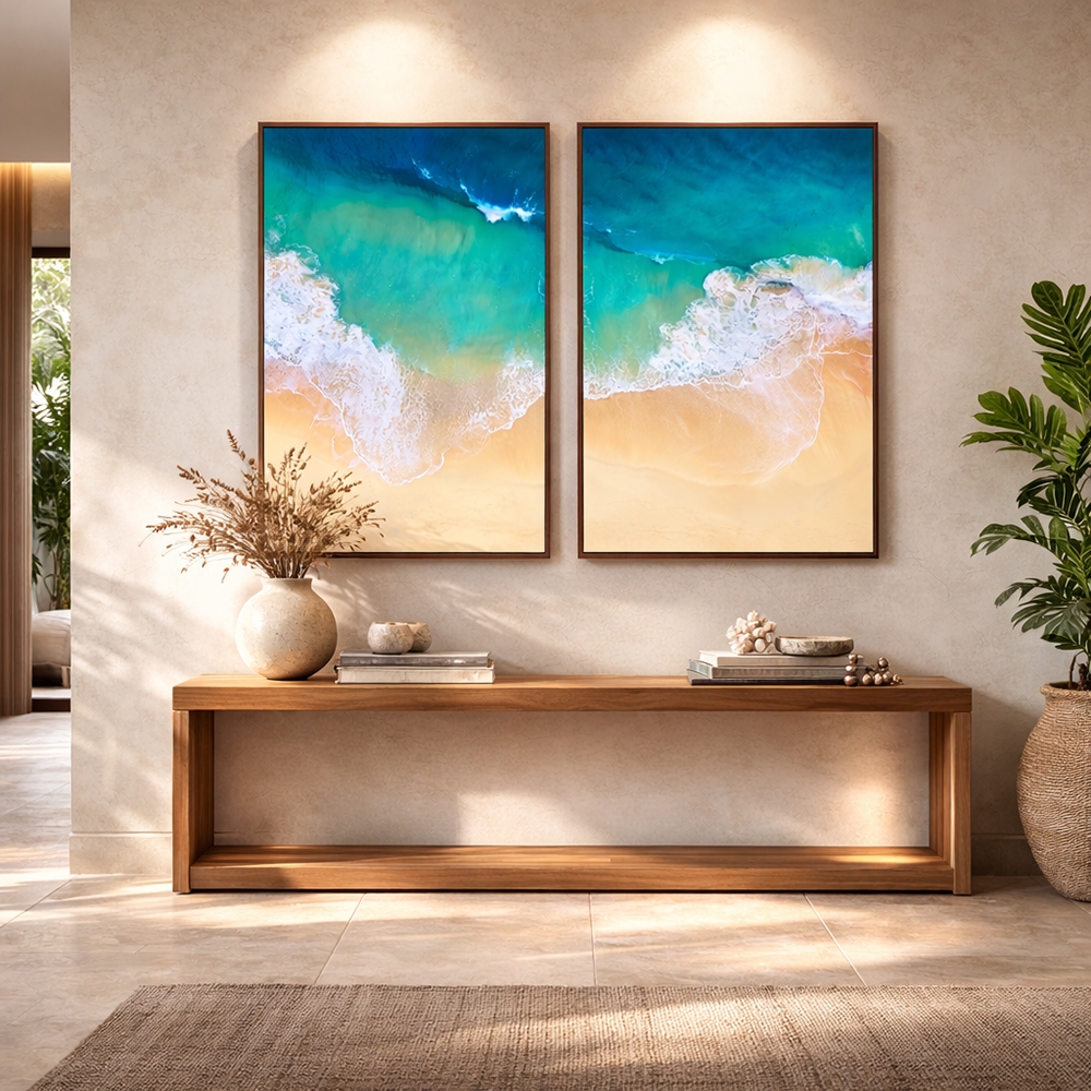 2 Quadros Decorativos Paisagem Vista Aerea Praia com Belas Ondas Com Moldura Quarto Sala Escritorio