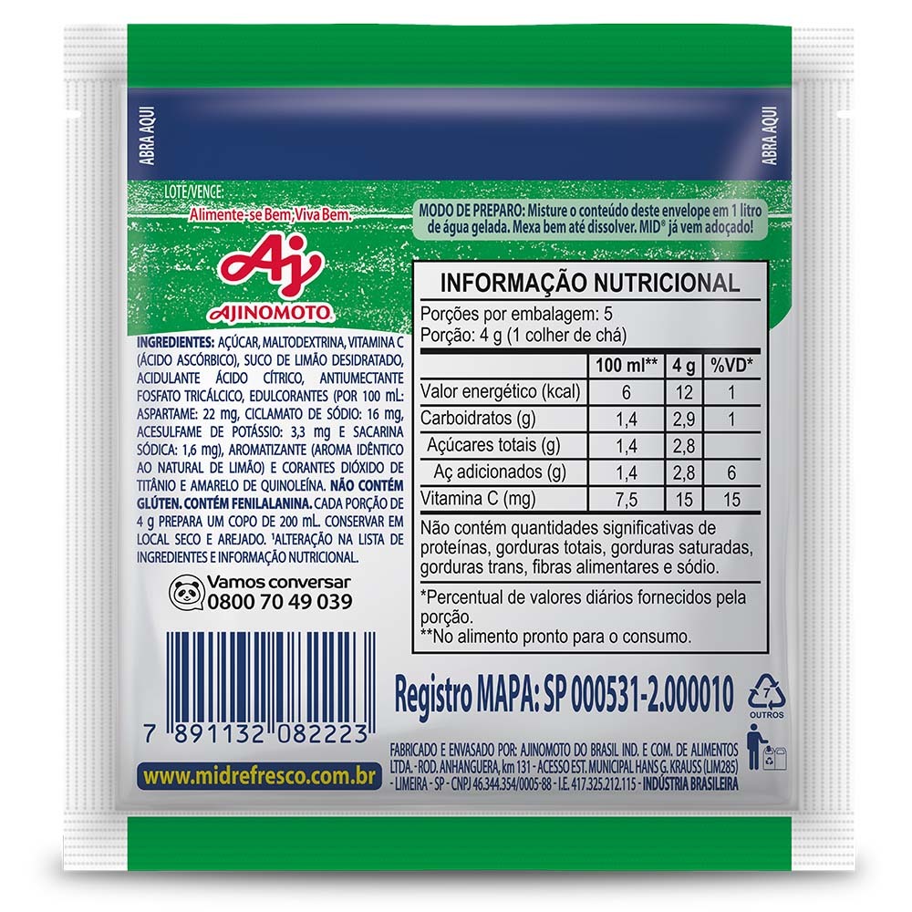 Kit Refresco em Pó MID® Sabor Limão Com 5 Unidades de 20g — imagem 2 de 2