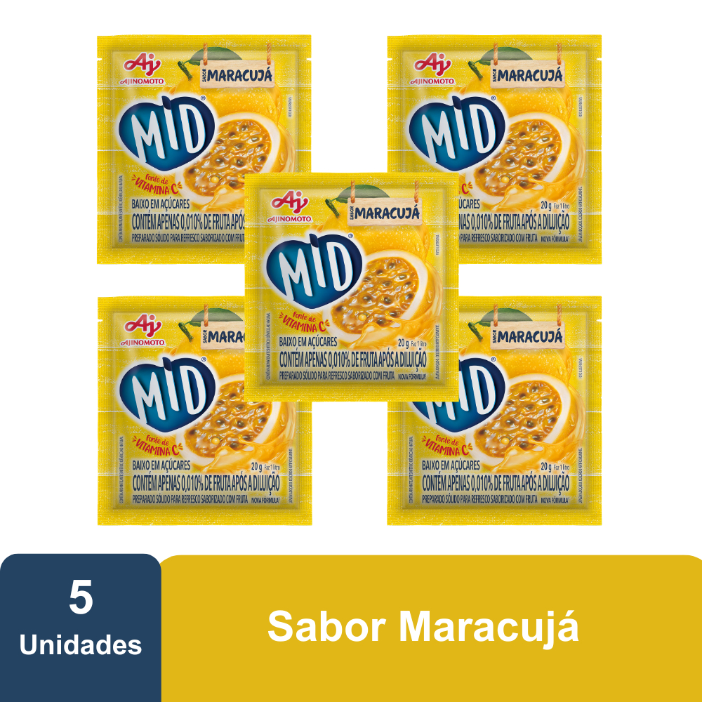 Imagem Kit Refresco em Pó MID® Sabor Maracujá Com 5 Unidades de 20g