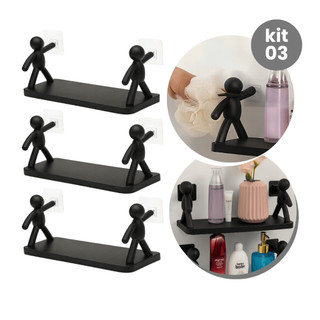 Kit 3 Suportes Prateleiras Preto ou Branco Multifuncional Boneco Casa Banheiro Quarto