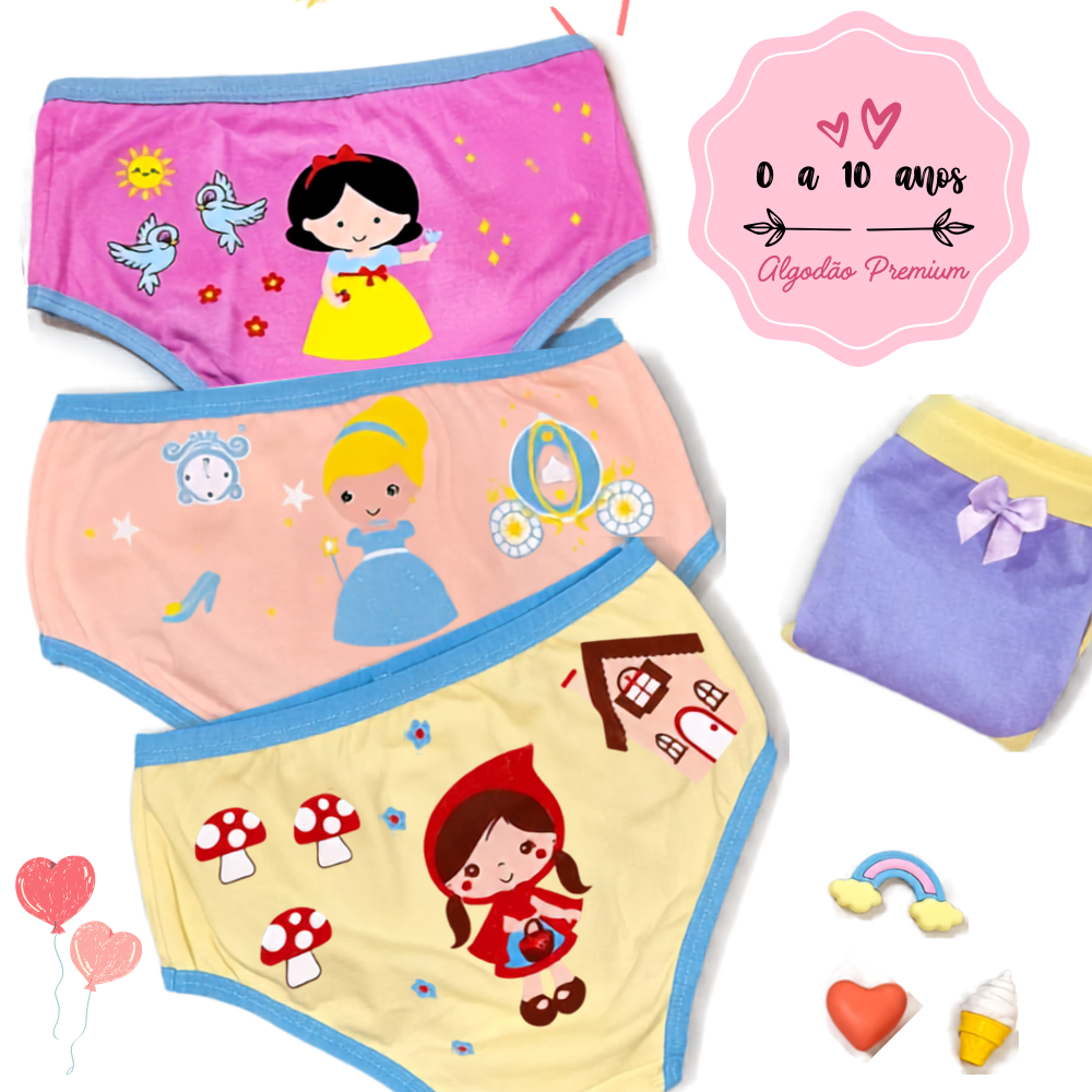 Kit 5 Calcinha Infantil De Algodão Para Menina Criança E Bebê Super Confortável Desfralde Outono Inverno Verão