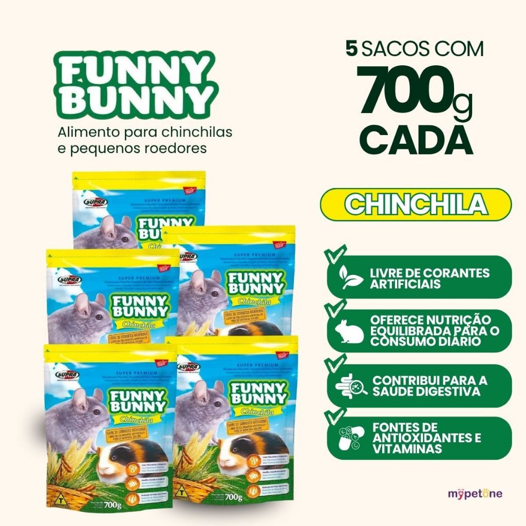 5 Ração Funny Bunny 700g Chinchila Porquinho da Índia e Hamster
