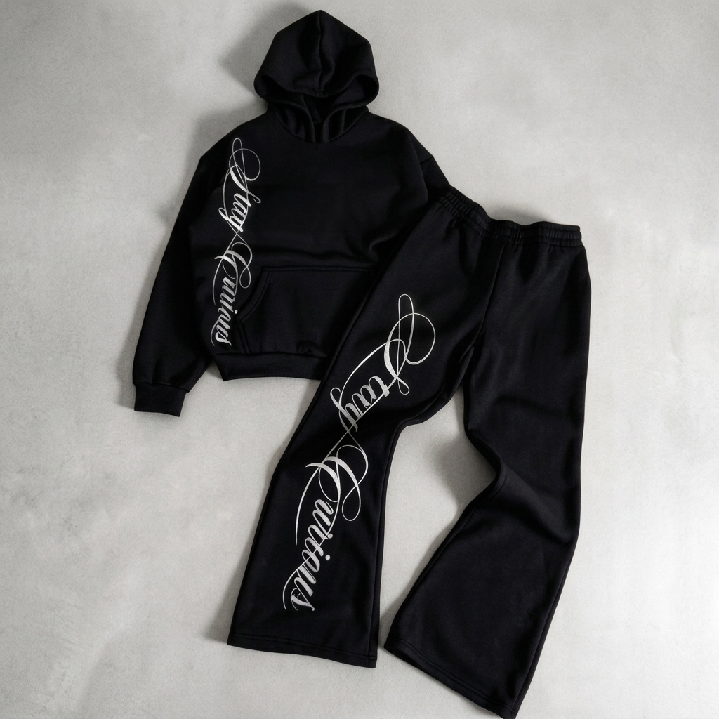 Conjunto Moletom Masculino Streetwear com Capuz e Calça Wide Leg Baggy Estampado Lettering
