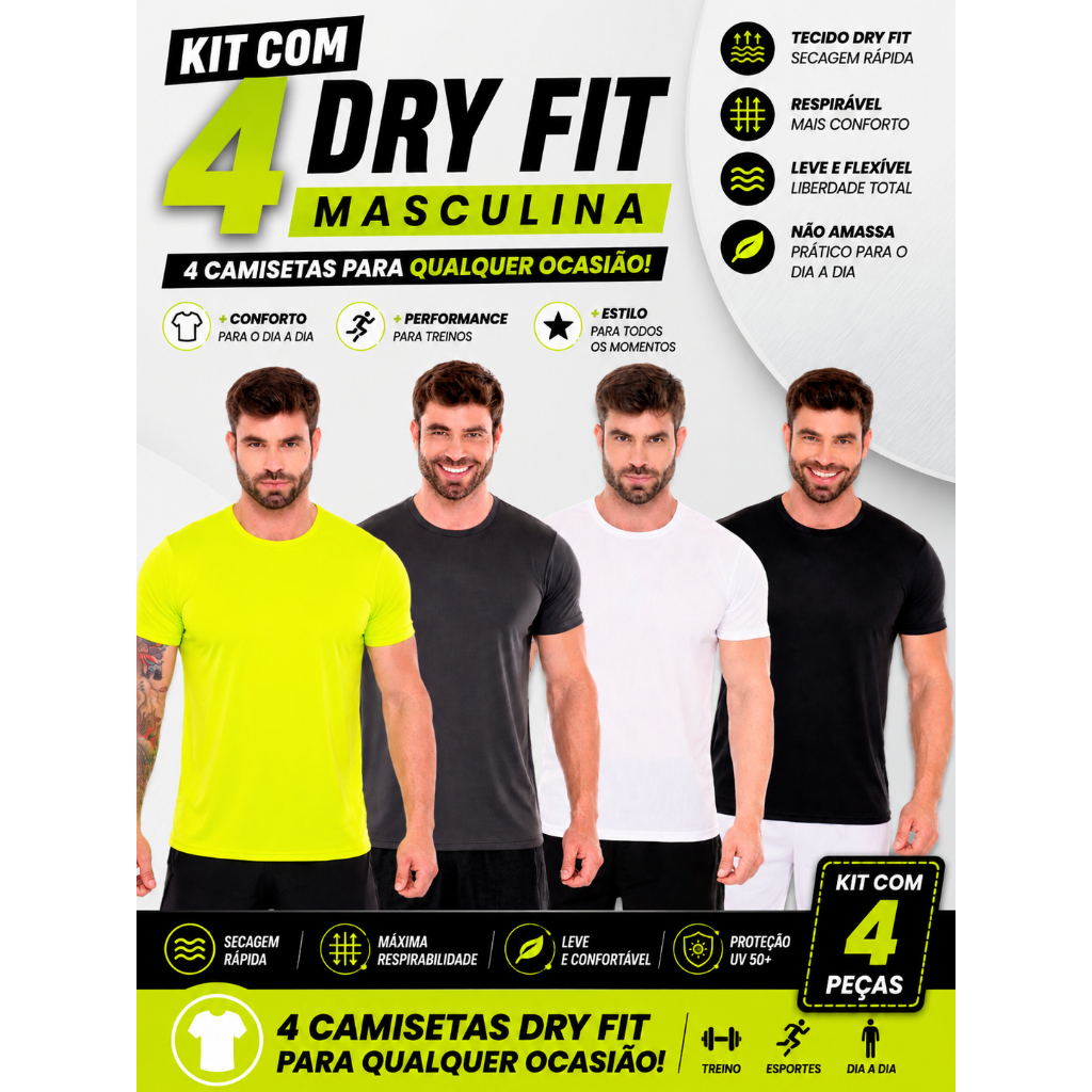 Kit 4 Camisetas Dry Fit Masculino Treino Com Proteção Uv 50+ Respirável.