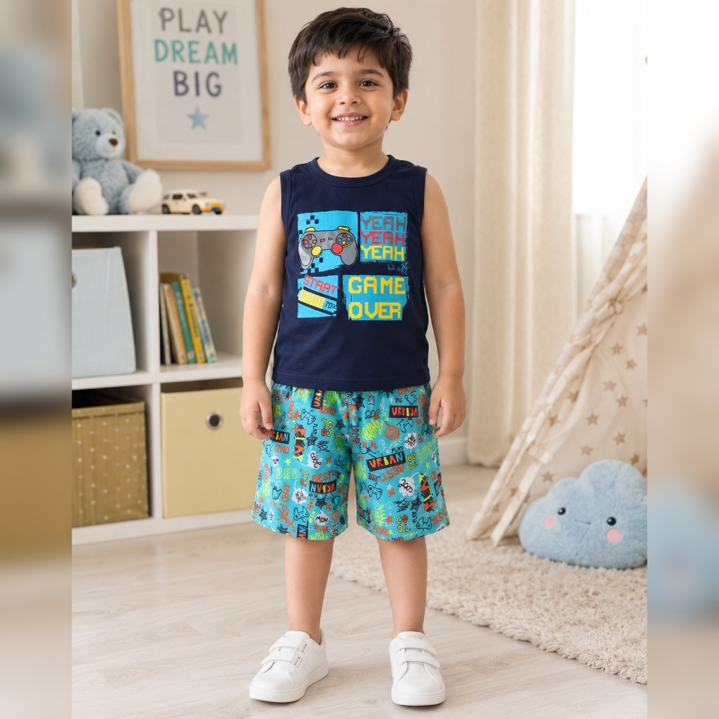 Conjunto Masculino Regata Azul Escuro Bermuda Ciano Estampada Infantil Confortavel Verao 3 4 Anos
