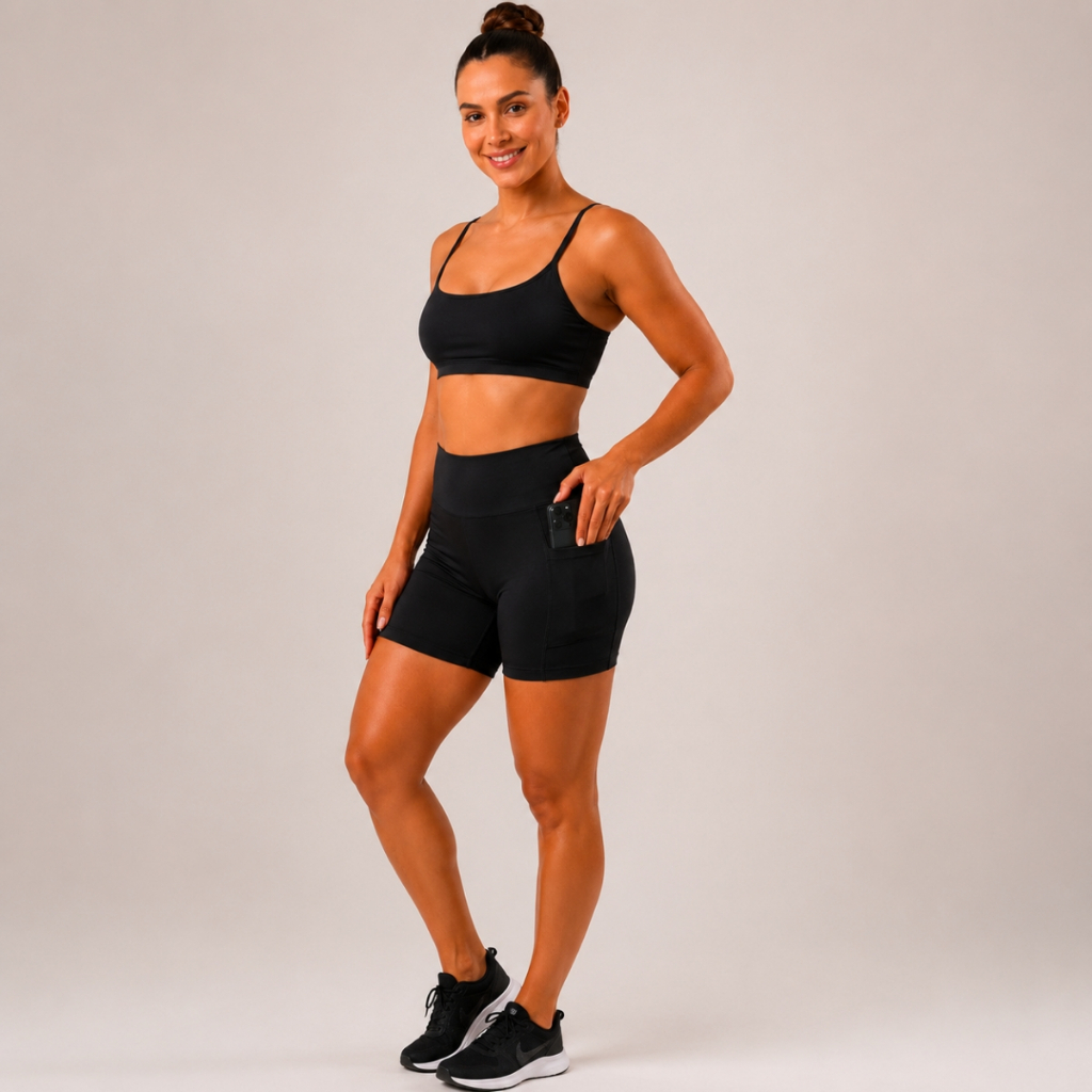 Conjunto Fitness Corrida Short Com Bolso E Top Poliamida Zero Transparencia Cós Alto