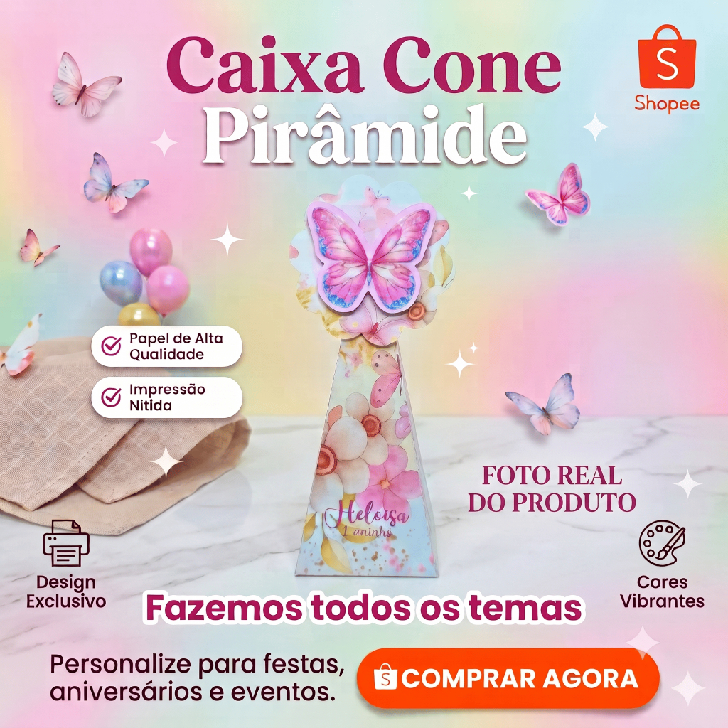 Kit Caixa Pirâmide / Caixa Cone personalizada com aplique - QUALQUER TEMA - Caixinhas para festa - Lembrancinhas