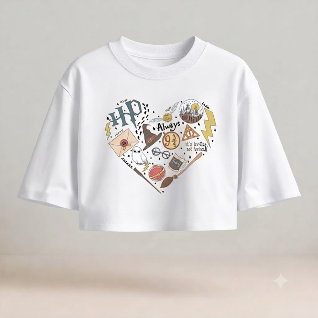 Cropped Oversized Feminino Harry Potter – Camiseta Streetwear 100% Algodão com Estampa Inspirada no Mundo Bruxo