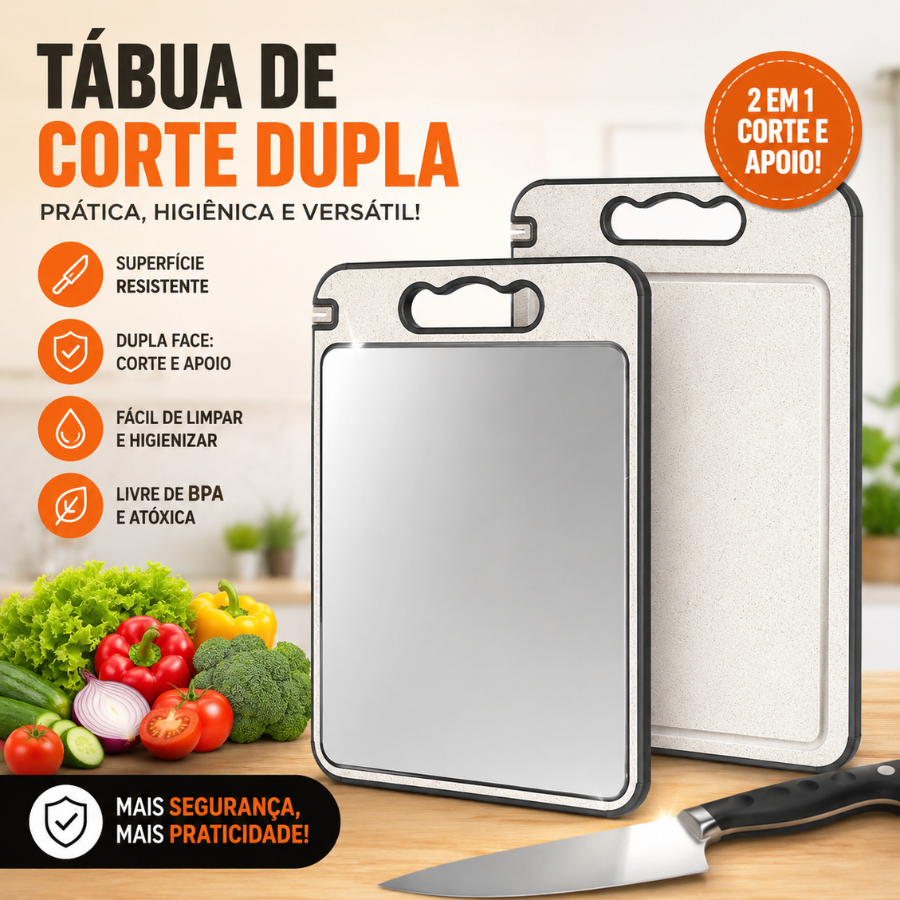 Tábua De Corte Dupla Face Aço Inox Antibacteriana Antimofo Com Amolador