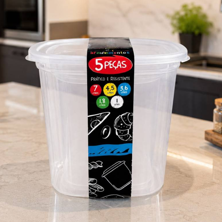Conjunto 5 Potes Porta Mantimento Transparente Plástico Armazenamento de Alimentos Organizador de Cozinha