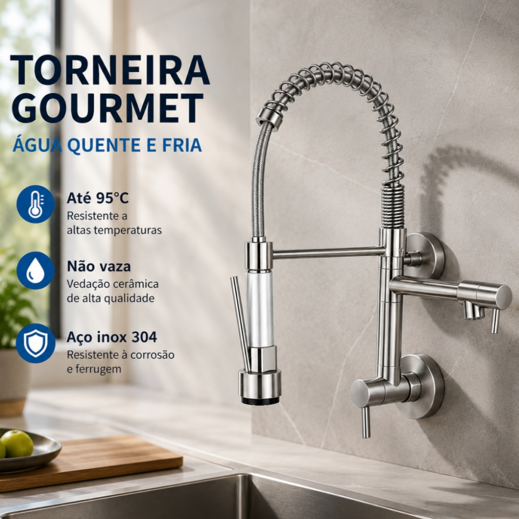 Torneira Cozinha Gourmet De Parede Com Bica Flexível Cor Prata Escovado Yesop