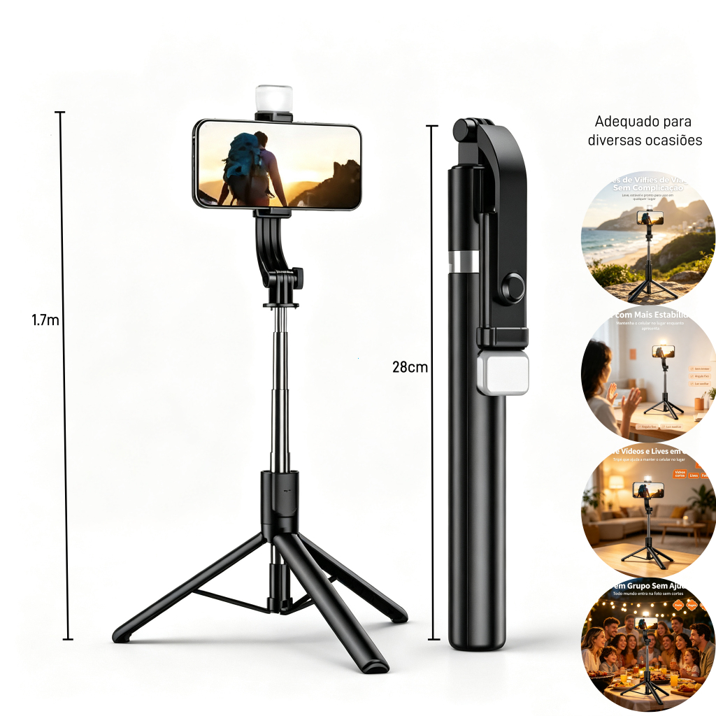 Tripé Selfie Stick com LED e Controle Bluetooth | Bastão 1,68m c/ Luz de Preenchimento | Perfeito para Festas, Live