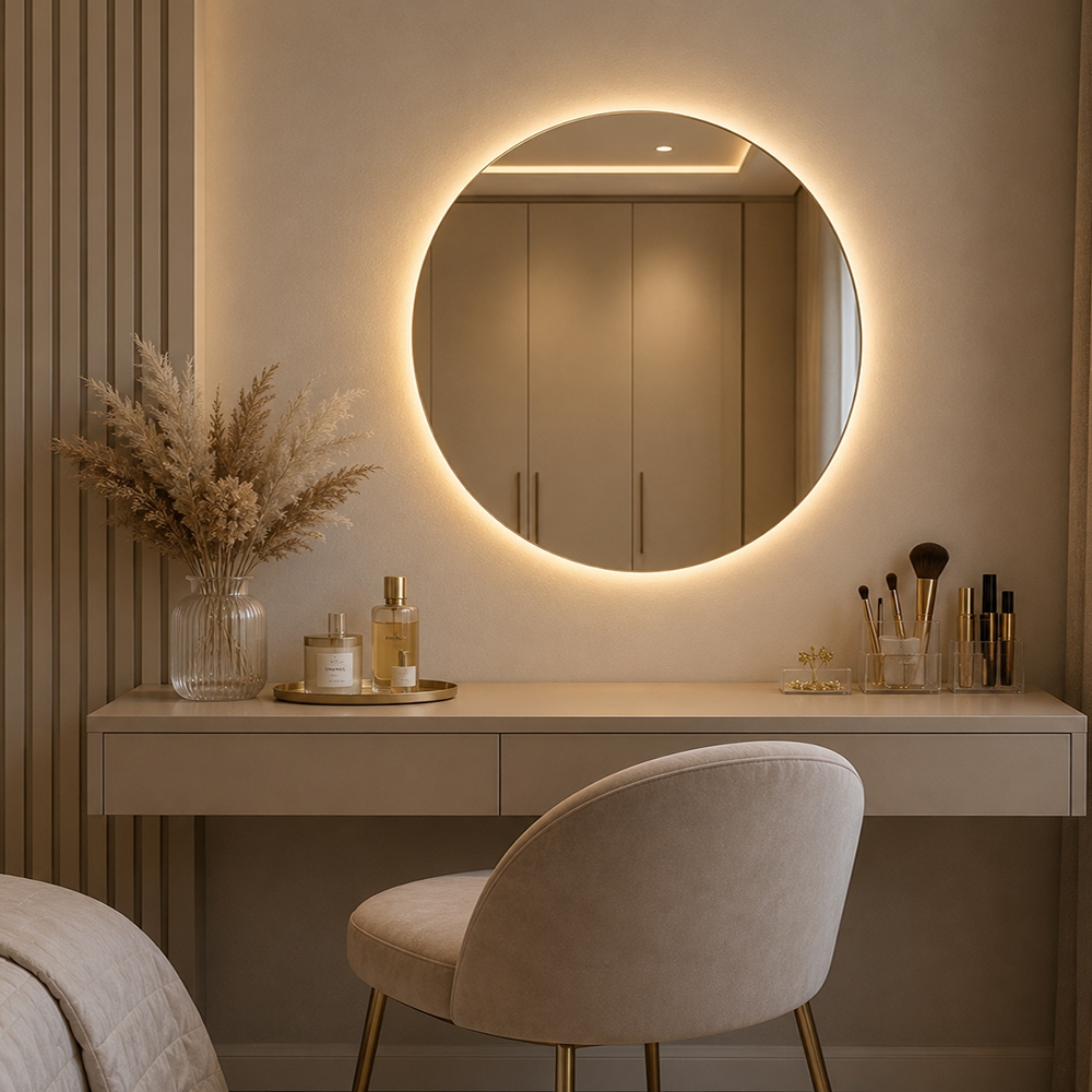 Espelho Redondo 50cm com LED e Fonte Lapidado Decorativo Para Banheiro Sala Quarto