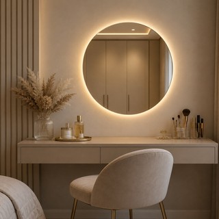 Espelho Redondo 50cm com LED e Fonte Lapidado Decorativo Para Banheiro Sala Quarto