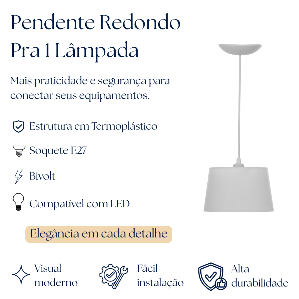 Pendente Redondo Luminária Soquete E-27 Termoplástico 110v/220v Branco Preto Azul Rosa Bebe Infantil Sala Quarto