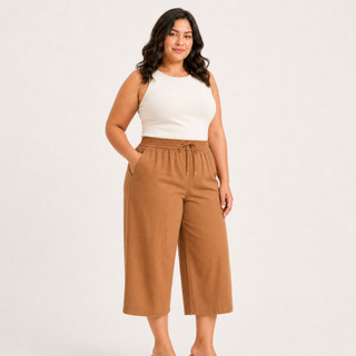 Calça Pantacourt Feminina Plus Size com Bolsos e Cintura Elástica