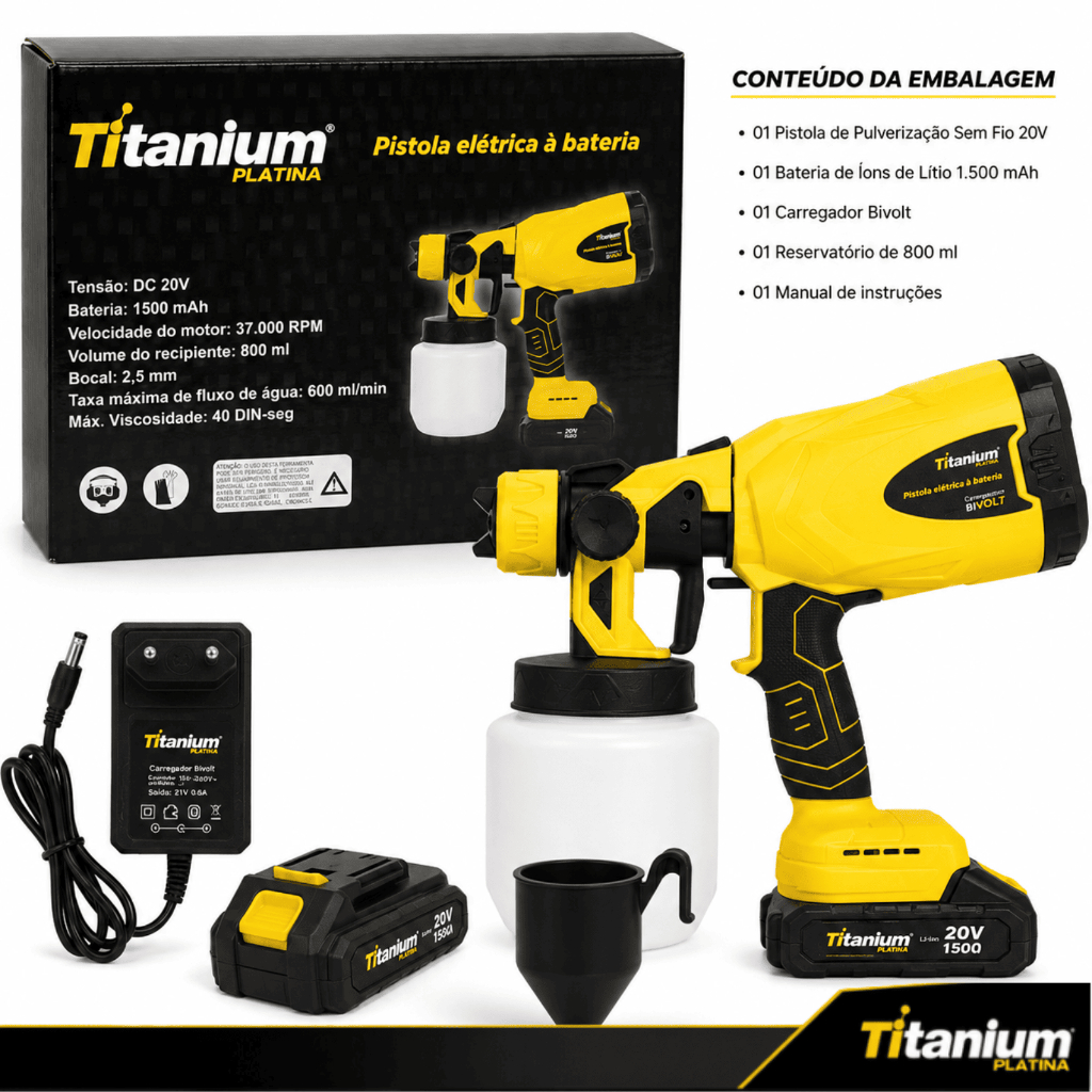 Pistola de Pulverização de Tinta Sem Fio 20V 800ml Bateria Recarregável Titanium Platina