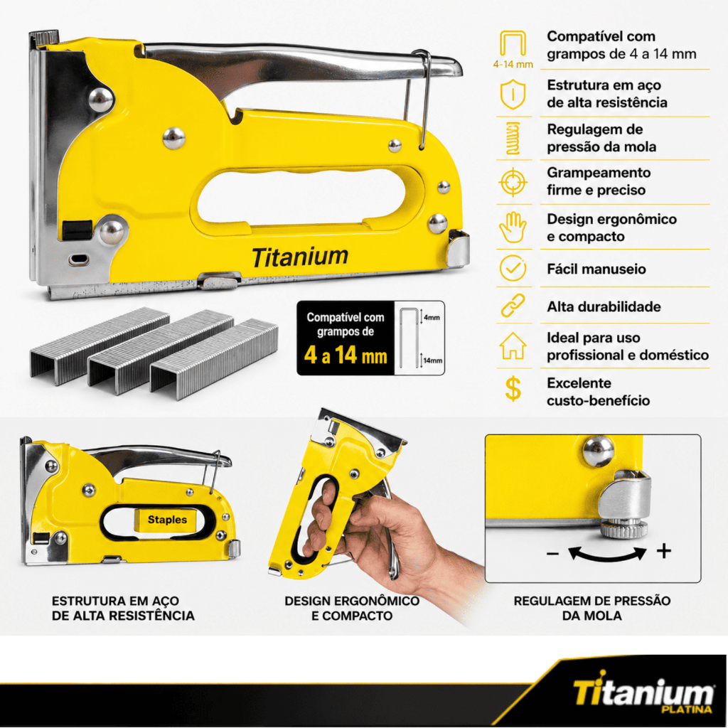 Grampeador Tapeceiro Profissional Aço Regulagem de Pressão 4 a 14mm Titanium Platina