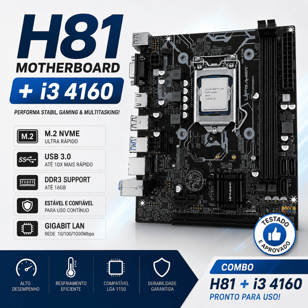 Kit Upgrade H81 + i3 4160 3.60GHz LGA1150 M.2 NVMe DDR3 Placa Mãe + Processador