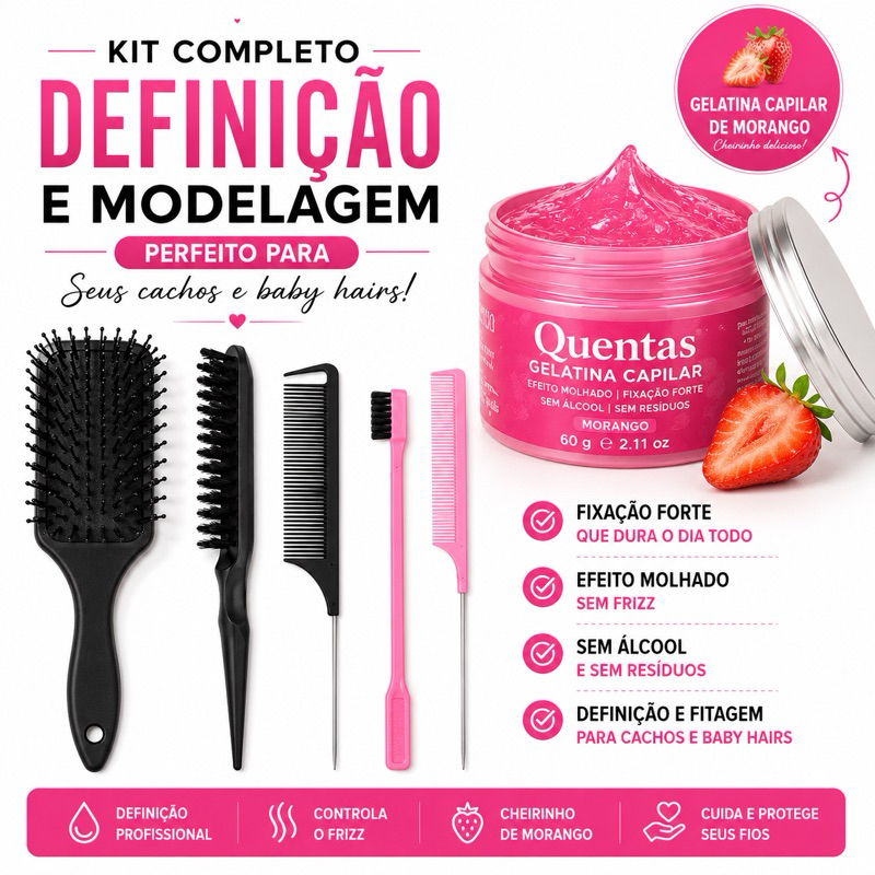 Kit Cachos Definidos 500g – Gelatina Capilar Modeladora com Alta Fixação + Kit Finalização Baby Hair Escova Fitagem — imagem 2 de 2